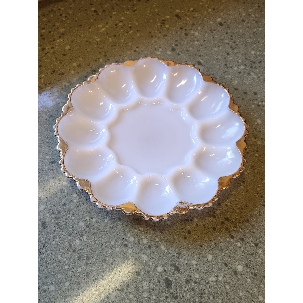 VTG Anchor Hocking Milk Glass Deviled Egg Plate Gold Rim 10 inch